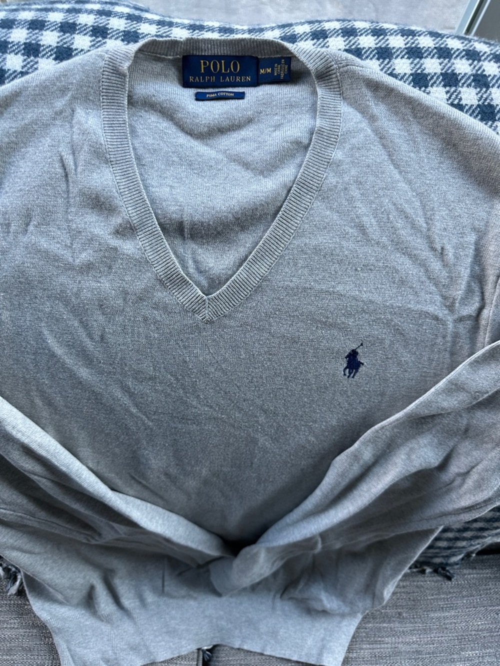 Polo by Ralph Lauren Light Gray V-Neck Sweater with Navy Logo